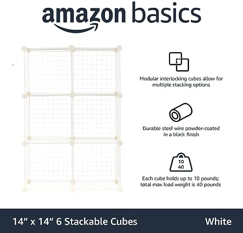 Amazon Basics 6 Cube Wire Grid Storage Organizer, Stackable Storage Cubes, Modular Closet Organizer Shelves, 14.6" D x 30.3" W x 44.8" H, White