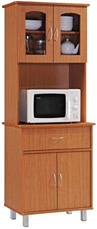 HODEDAH IMPORT Long Standing Kitchen Cabinet with Top & Bottom Enclosed Cabinet Space, One Drawer, Large Open Space for Microwave, Cherry