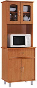 HODEDAH IMPORT Long Standing Kitchen Cabinet with Top & Bottom Enclosed Cabinet Space, One Drawer, Large Open Space for Microwave, Cherry