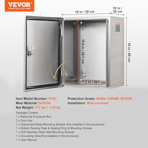 Steel Electrical Box, 16"x 12"x 10", 304 Stainless Steel Electrical Enclosure Box, Wall-Mounted Outdoor Electrical Electronic Equipment Enclosure with Mounting Plate Hinges Lock, IP66 Waterproof