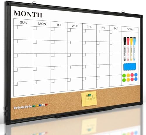 Monthly Dry Erase Calendar Whiteboard with Corkboard, 30" x 20", Black