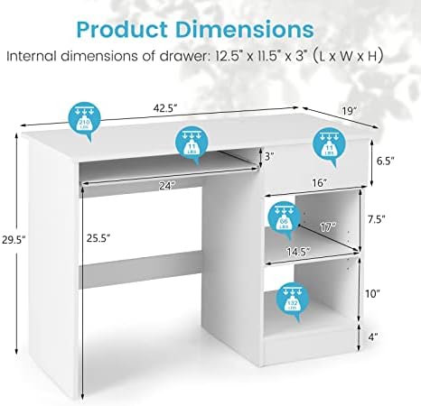 COSTWAY Computer Desk with Keyboard Tray, Large Drawer, Home Office Desk with Adjustable Shelf & Cable Hole, Study Desk, Modern Writing Workstation, PC Laptop Table (White)