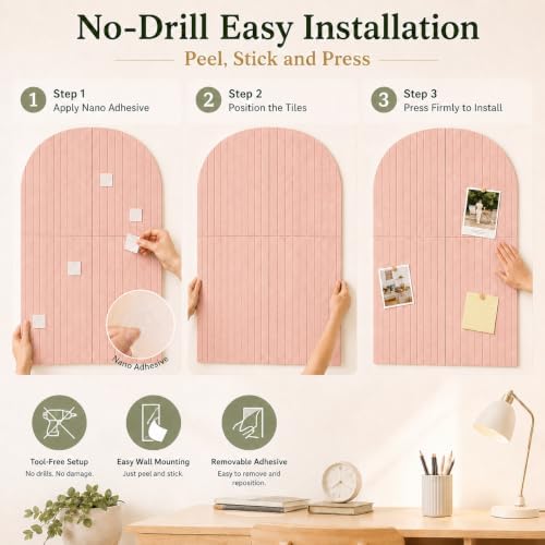 Arched Felt Bulletin Board for Home Office, Bedroom & Classroom Wall Decor, Large 36 x 24 Felt Pin Board with 6 Customizable Tiles and Adhesive Tabs for Photos & Memos