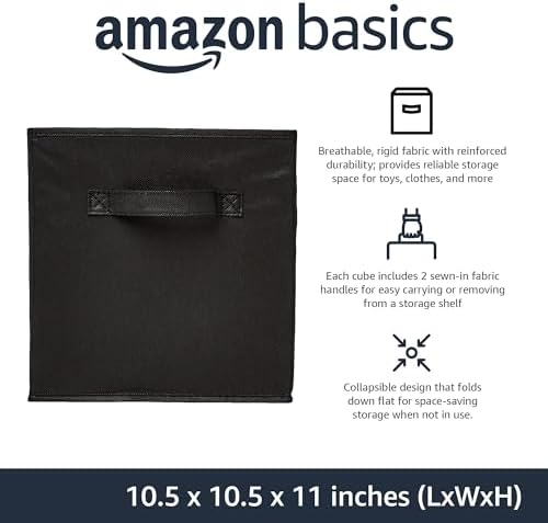 Amazon Basics Collapsible Fabric Storage Bins Organizer with Handles, Sturdy, Foldable, 10.5" x 10.5" x 11", Black, 6-Pack