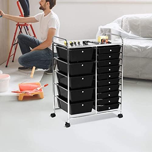 COSTWAY 15 Drawer Rolling Storage Cart, Mobile Utility Cart with Lockable Wheels, Drawers, Multipurpose Organizer Cart for Home, Office, School, Black