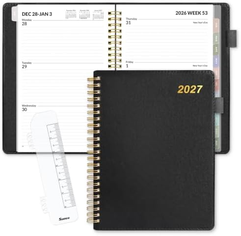 SUNEE 2027 Weekly & Monthly Planner 6.2"x8.5"- 12 Month (January 2027 - December 2027), Vegan Leather Cover, Pocket, Bookmark, Notes, Monthly Tab, Black