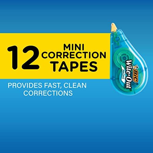 BIC Wite-Out Brand Mini Correction Tape (WOTM11-WHI), 16.4 Feet, white Correction Tape, Compact Tape Office or School Supplies (Pack of 12, 144 Count Total)