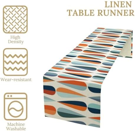 Mid Century Modern Table Runner Retro Blue Orange Grey Water Droplets Geometric Table Runner for Kitchen Dining Room Dining Table Decoration 13x108in