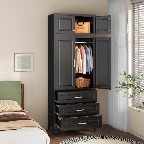 SteeLoong 86" Metal Wardrobe Cabinet,Armoire Wardrobe Closet with 3 Drawers