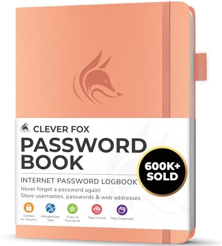 Clever Fox Password Book with Alphabetical Tabs, 4"x5.5" Keeper Peach Pink