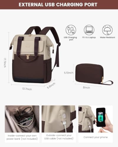 LOVEVOOK Laptop Backpack for Women with Giant Tumbler Holder, 15.6 Inch Work Laptop Bag with USB Port, Fashion Teacher Nurse Backpack Purse, Waterproof Travel Computer Backpack, 2PCS, Apricot-Coffee