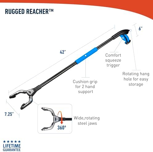 Unger Professional 42.5” Rugged Reacher Grabber Tool with Rotating Head, Outdoor Trash Picker Upper, Heavy Duty Claw Pickup, Durable Litter Yard Clean Up for Twigs, Lawn, and Garden Use