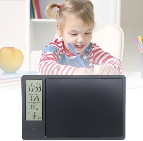 Electronic Calendar Writing Board, LCD Digital Writing Tablet with Notepad, HD Display for Time Temperature Humidity, Reusable Paperless Memo Pad for Office Home (Black)