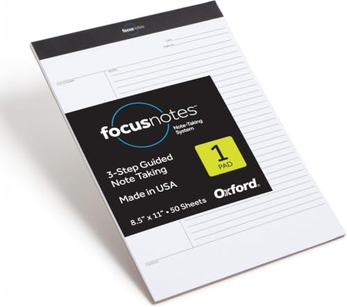 Oxford FocusNotes Writing Pad, Clear Note-Taking System, 8.5 x 11 Sheets, Guided Note, Cue & Summary Sections, 50 Sheets, Professional School and Office Notepad, Proudly Made in the USA (Pack of 12)