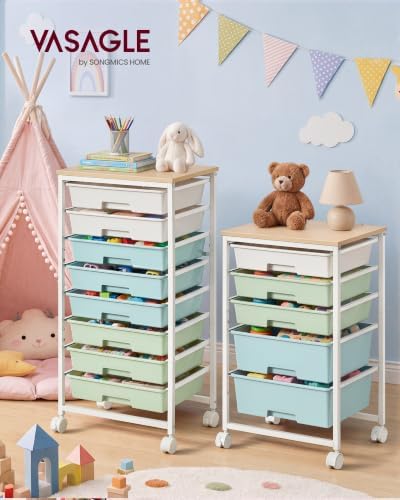 VASAGLE Rolling Cart with Drawers,5 Drawers Storage Cart, Green and White