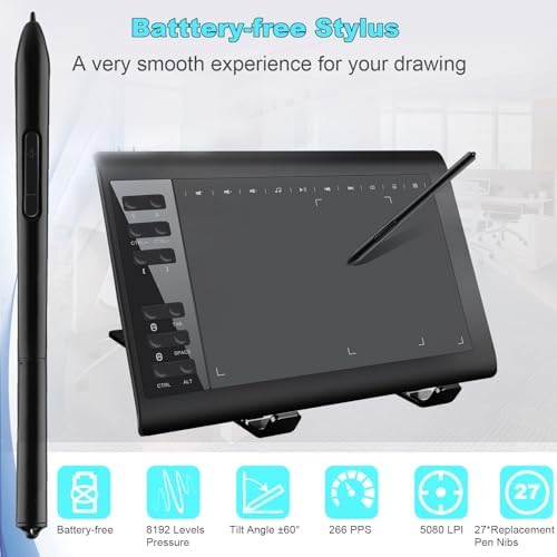Graphics Drawing Tablet TEROW,10x6 inch Digital drawing tablet with Bracket and 8192 Levels Stylus for PC/Mac/Android 5.0 for Drawing and Online Teaching,Drawing pad drawing borard and Computer tablet