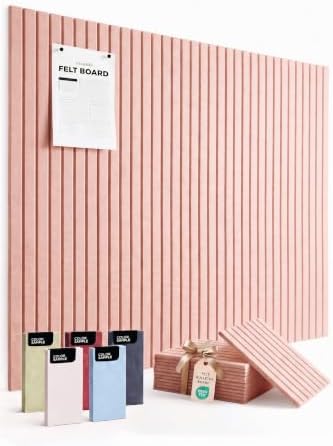 VIVELDA Felt Bulletin Board Tiles 48"x36" - 12-Pack Cork Board Alternative, Oeko-TEX Certified, NRC 0.95 Acoustic Wall Panels, Damage-Free Adhesive, Slatted Design, Home Office & Classroom (Salmon)