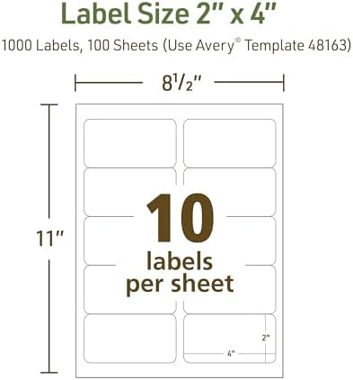 Avery® EcoFriendly Recycled Shipping Labels, 2" x 4", White, Permanent Adhesive, Laser & Inkjet Printers, 1,000 Total, Great for Shipping and Mailing, Product Merchandising, and More (48163)