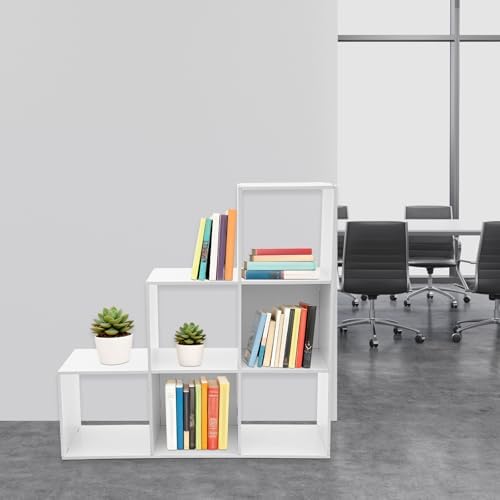 3-Tier Stepped Bookshelf, 6 Cube Storage Organizer, Freestanding Ladder Bookcase, L-Shaped Corner Shelf, Room Divider Shelf, 35.4" Tall Modern Display Shelf for Home Office Living Room