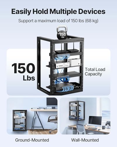 VEVOR 15U Open Frame Server Rack, Free Standing or Wall Mount Rack with 180 Degrees Gate Swing, Network Rack for 19" IT Equipment & A/V Devices