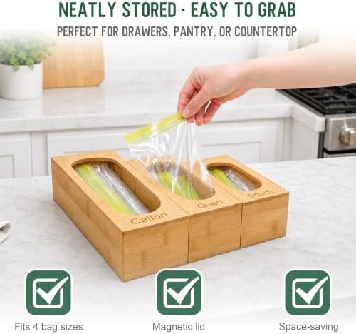 Storage Bag Organizer for Kitchen Drawer, 5-Slot, Bamboo