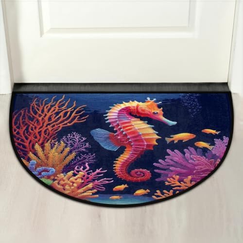 Seahorse Colorful Half Round Door Mat Non Slip Washable Semi Circle Area Rug Absorbent Soft Half Moon Rug Floor Mat for Indoor Outdoor Kitchen Bathroom Patio Front Door Mat Decor