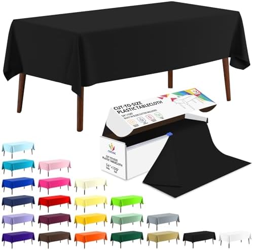 CXPSINC 54 Inch X 100 Feet Plastic Table Cover Roll Disposable Tablecloth with Slide Cutter for All Type/Shape Tables | Party, Banquet, Birthdays, Weddings(Black, 100 Feet)