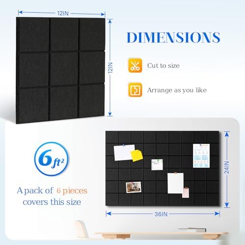 DOLLAR BOSS Felt Cork Board Tiles 6 Pcs 12"x12" Bulletin Board, Black Grid