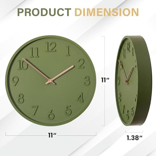 Clockswise 11" Modern Minimalist Round Wall Clock Green Arabic Numerals and Dial Analog Display Step Movement Mechanism Easy-to-Read Timepiece for Living Room Kitchen Office or Bedroom Wall Decor
