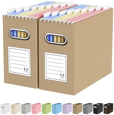 Oterri Portable Collapsible Cardboard File Box with Handle for Letter-Size | 2-Pack. Stainless Steel Handle. Label Stickers Included. Fits Letter Folders (Not Included). Home, Office, School, Dorm, Tax.