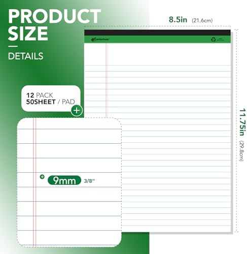 KAISA Legal Note pads 8.5 x 11，12pads 600 Sheets note pads Writing Pads Recycled Paper, Wide Ruled Perforated 50 sheets Premium Thick Paper Hard Back Notepads 8-1/2"x 11-3/4" Writing Tablet Canary For Office Supplies (Pack of 12pc)