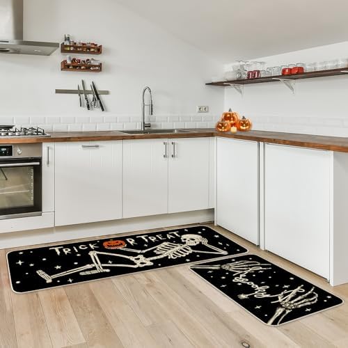 JarThenaAMCS Halloween Kitchen Mats Set of 2, Spooky Skeleton Kitchen Floor Mat Non-Slip Trick or Treat Doormat for Indoor Outdoor Home Party Decor, 17 x 29 & 17 x 47 Inch