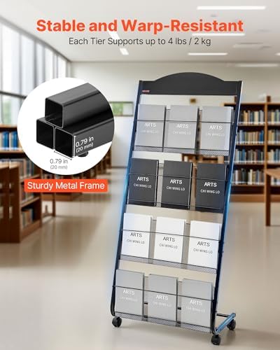 VEVOR Brochure Display Rack, 4-Tier Magazine Literature Display Stand with Wheels, Movable Floor Standing Magazine Rack, Heavy Duty Newspaper Catalog Holders for Shop Exhibitions Office Craft Fairs