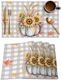 Fall Pumpkins Leaves Placemats Set of 6, Thanksgiving Heat Resistant Washable Table Place Mats Rustic Farmhouse Gray Buffalo Plaid Table Linens Party Decor for Home Kitchen Dining Outdoor Indoor