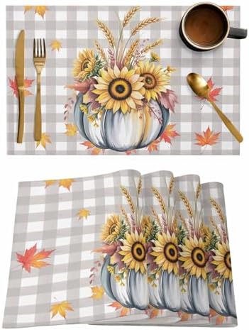 Fall Pumpkins Leaves Placemats Set of 6, Thanksgiving Heat Resistant Washable Table Place Mats Rustic Farmhouse Gray Buffalo Plaid Table Linens Party Decor for Home Kitchen Dining Outdoor Indoor