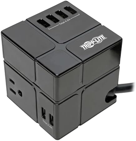 Tripp Lite 3 Outlet Surge Protector with USB, Detachable Wall Outlet Surge Protector, 6 USB Ports, 6 ft. Cord, 540 Joules, Black, TLP366CUBEUSBB