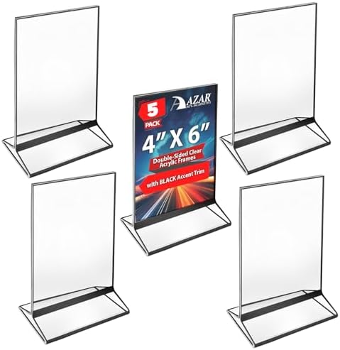 Azar Displays 152792-BLK-5PK Black Trim Double-Sided Clear Acrylic Frames – Elegant Display Frames for Weddings, Events, and Photos | Premium 4X6 Tabletop Sign Holders (5-Pack)