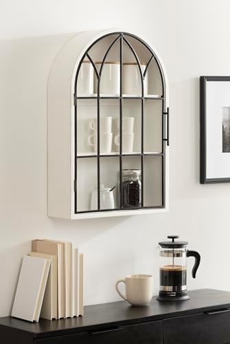 Kate and Laurel Megara Decorative Wooden Hanging Arched Wall Cabinet with Door for Open Storage; 16 x 6 x 24; White and Black; Wooden Floating Wall Bathroom Cabinet for Above Toilet Storage