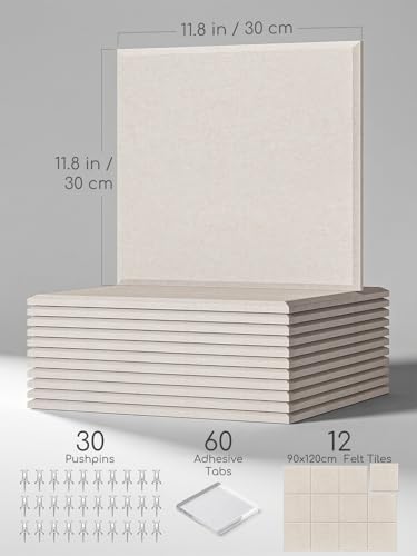 Thick Felt Pin Board Tiles 12 Pack, 11.8x11.8 Bulletin Board for Wall