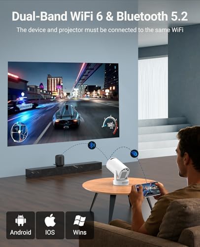 Mini Projector with WiFi and Bluetooth, Support 4K 170 ANSI Auto Keystone Correction, 5W Soundbase Speaker, 210° Rotatable Portable Projector, 25"-110" Screen Video Projector for Smartphone/Laptop