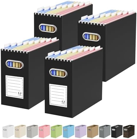Oterri Portable Collapsible Cardboard File Box with Handle for Letter-Size | 4-Pack. Stainless Steel Handle. Label Stickers Included. Fits Letter Folders (Not Included). Home, Office, School, Dorm, Tax.