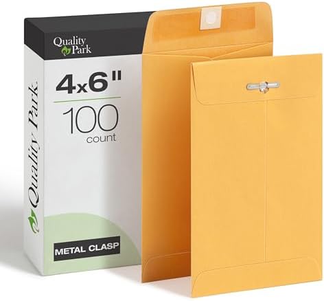 Quality Park 4 x 6 Clasp Envelopes, 100 Pack, Document Envelopes with Gummed Flap, Heavyweight 28 lb Paper with Reinforced Holes and Double Prong Clasp, Brown Kraft