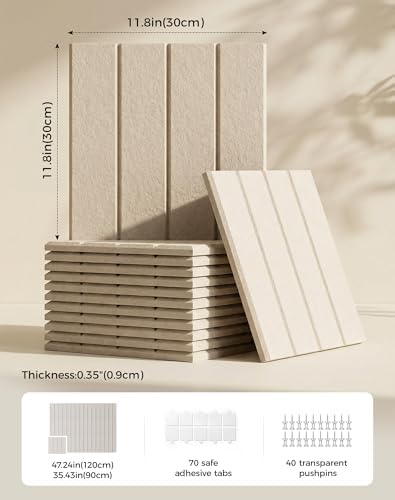 Aothia 12-Pack Felt Bulletin Board Tiles 48"x36", Modular Pin Board for Notes, Photos & Mood Boards, Cork Board Alternative for Smooth Walls, 0.35" Thick, 70 Adhesive Tabs & 40 Pins, Oatmeal