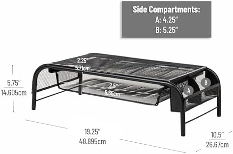 Mind Reader Monitor Stand, Ventilated Laptop Riser, Paper Tray, Storage, Office, Metal Mesh, 20"L x 11.5"W x 5.5"H, Black
