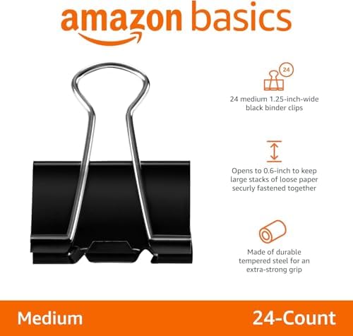 Amazon Basics Sturdy Binder Clips, Office Supplies, Medium 1.25 inches, Document Organizing, Sturdy Steel, Black, 24 Count (2 Pack of 12)