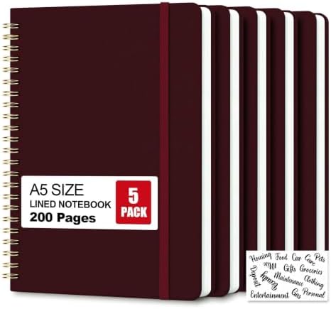 5 Pack Hardcover Spiral Notebooks, 8.3" x 6.3" Lined Journal Set, 100 GSM Bleed-Resistant Paper, 200 Pages Twin-Wire Bound Notebook with Elastic Band & Category Stickers for Office, School