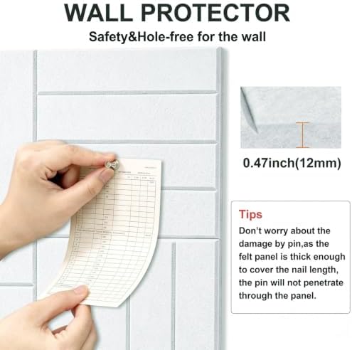 0.47" Thick Felt Wall Tiles 36"x24" Cork Board Alternative 6 Pack 11.81"x11.81"Felt Bulletin Board Pin Board with Removable Adhesive Tape&30 Pushpins for Home Office School(Bold-White)