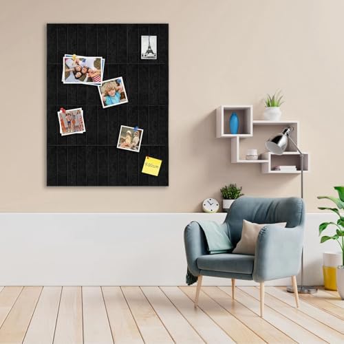 12 Packs Black Felt Pin Board, Large 12" Bulletin Board with 30 Push Pins, Felt Board Slat Wall Paneling for Office Home Kitchen, Self-Adhesive Corkboard Tiles for Classroom Message Photos Memos