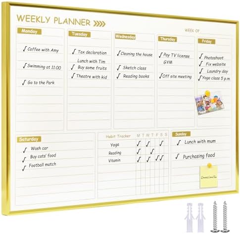 Large Weekly Dry Erase Board for Wall,20"x28",Gold Aluminum Frame Magnetic Weekly Planner Whiteboard for to Do List, Memo, School, Home, Office, Kitchen