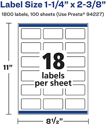 Avery Printable Durable White Rectangle Labels, Sure Feed Technology, 1-1/4" x 2-3/8", Print-to-the-Edge, Waterproof Labels, Laser & Pigment-Based Inkjet Compatible, 1800 Total